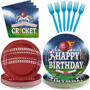 96Pcs Cricket Birthday Party Decoration Sports Theme Ball Plates and Napkins Blue Red Cricket Disposable Paper Tableware Set for Adults Kids Boys Girls Birthday Party Supplies Serves 24