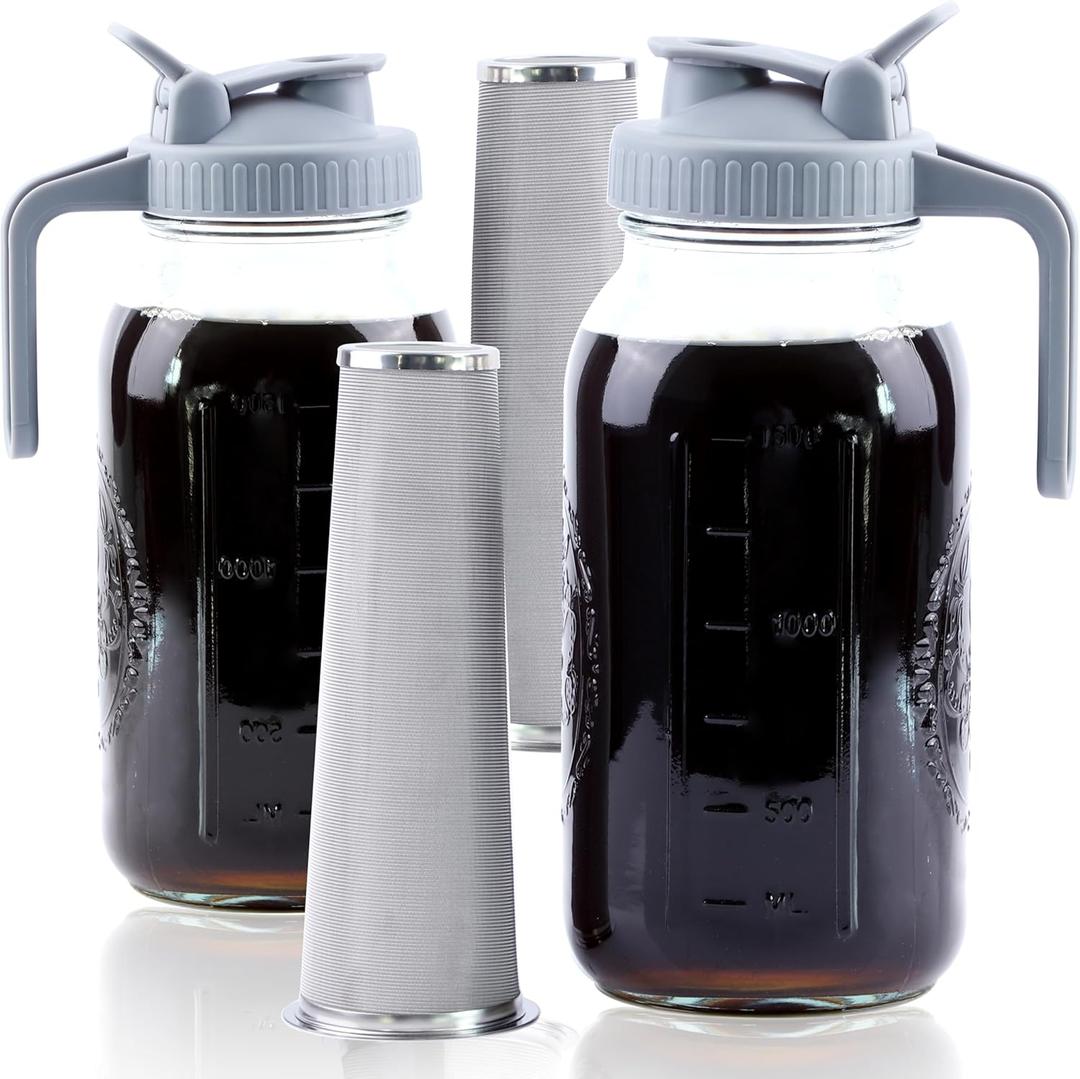 Cold Brew Coffee Maker 64 Oz Mason Jar Cold Brew Pitcher With Strainer 2 Set Half Gallon Wide Mouth Glass Iced Coffee Maker With Spout Lids 2 Quart Glass Pitcher For Fridge, Lemonade, Cold Brew