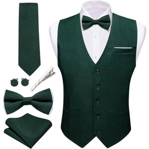 Barry.Wang Mens Suit Vest Linen Formal/Casual V-neck Waistcoat Tie Bow Tie Set Solid Color 6PC Wedding Party Tuxedo (Green, XL)
