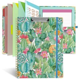 Clipboard Folio with Notepad for Letter Size (11" x 8.5"), 5 Extra Folders with Storage 10 Pockets, 39 File Folder Labels, Elastic Closure Spiral Clipboard with Storage(Cactus Flowers)