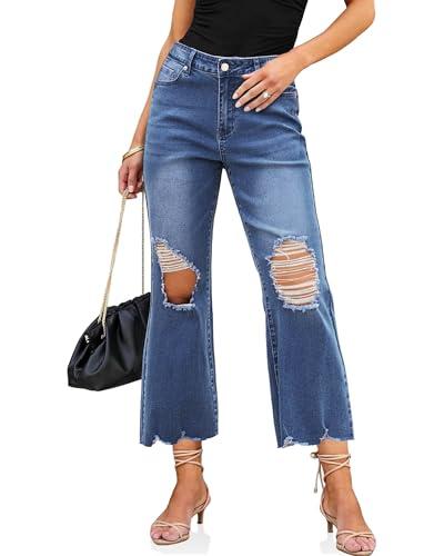 luvamia Wide Leg Jeans for Women Trendy High Waisted Flare Ripped Cropped Jeans Stretchy Distressed Denim Pants Raw Hem Trouser Jeans for Women Womens Distressed Jeans Medium Blue Size 20 Size 22