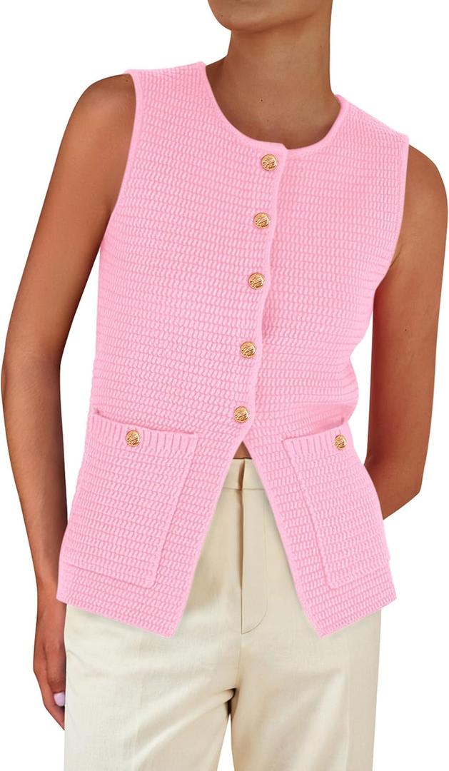 PRETTYGARDEN Women's 2026 Spring Sweater Vest Sleeveless Button Down Knit Cardigan Tank Tops Summer Business Casual Outfits (Pink, M)