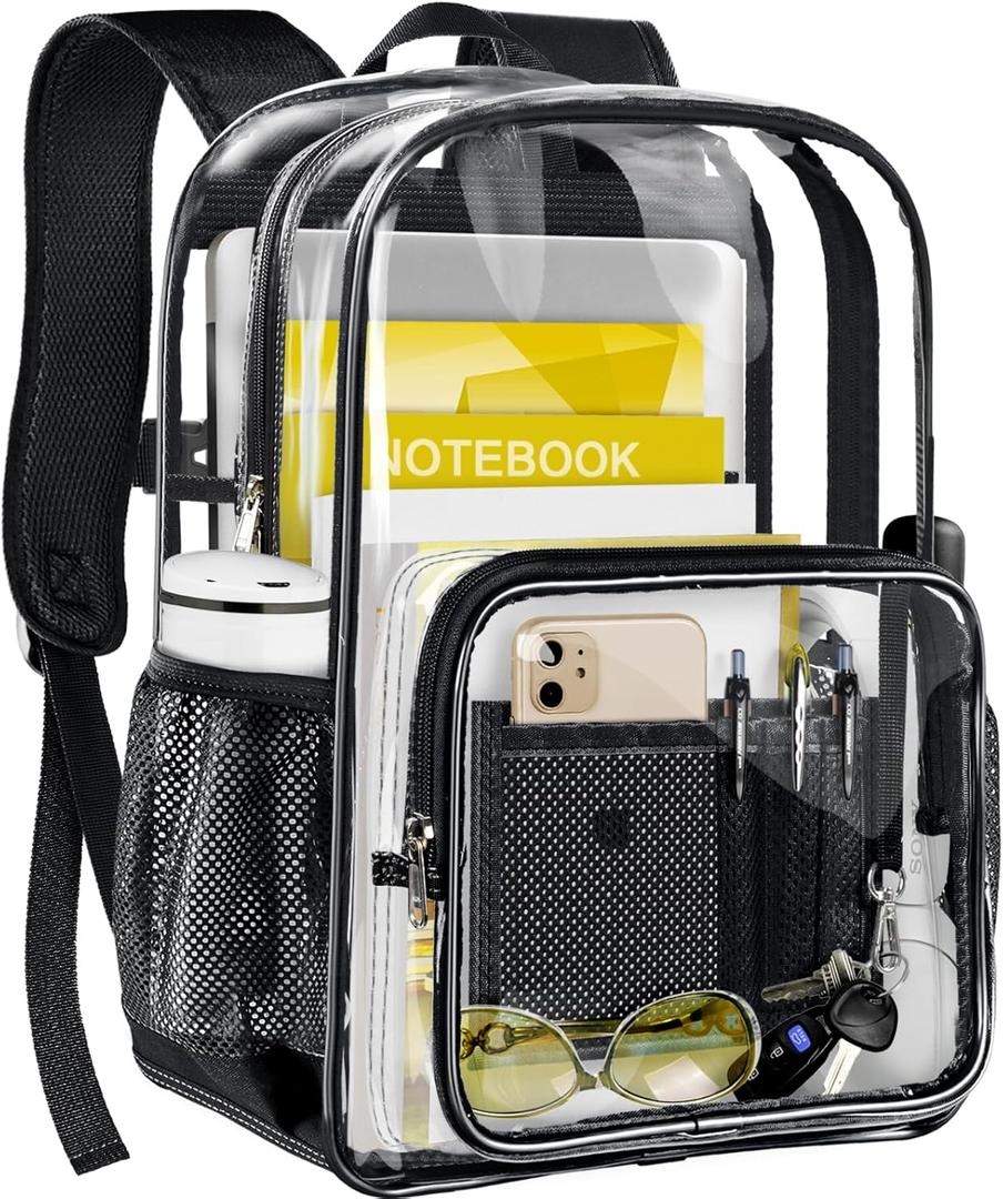 Clear Backpack Transparent Heavy Duty Bookbag See Through Bag with Reinforced Bottom for College, Travel, Workplace Security - Black