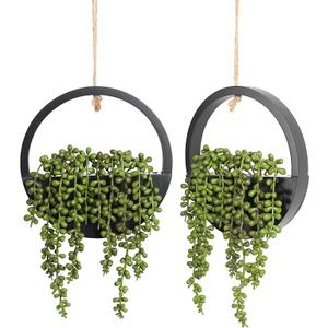 Floweroyal 2pcs Artificial Succulents Hanging Plants 12.2'' Fake String of Pearls in Pot with 8.3'' Lanyard for Indoor Outdoor Wall Decor (Black)