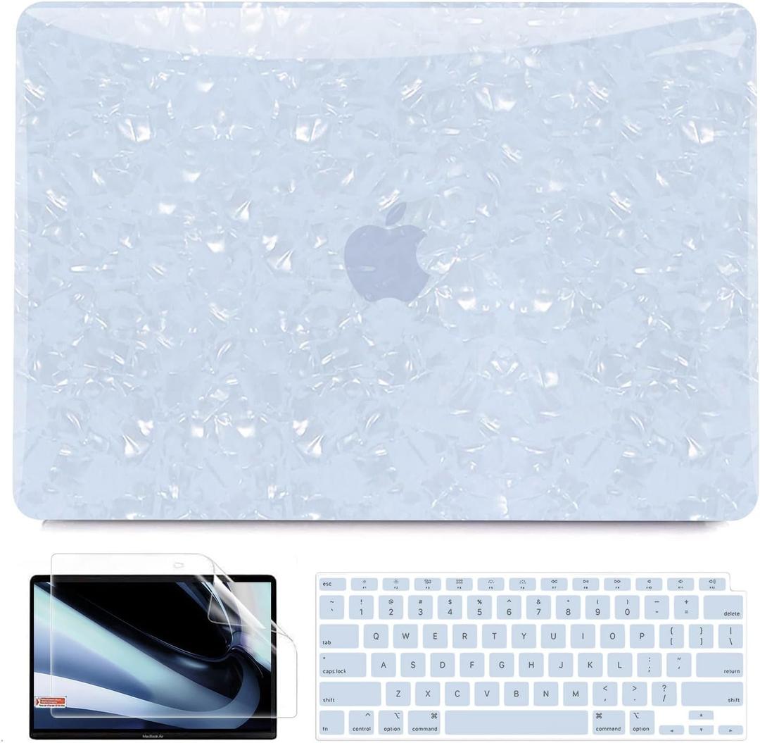B BELK Compatible with MacBook Air 13 inch Case 2022 2021 2020 2019 2018 M1 A2337 A2179 A1932, Plastic Hard Shell Case for MacBook Air 13.3 inch + Keyboard Cover +Screen Protector, Shiny Blue Pearl