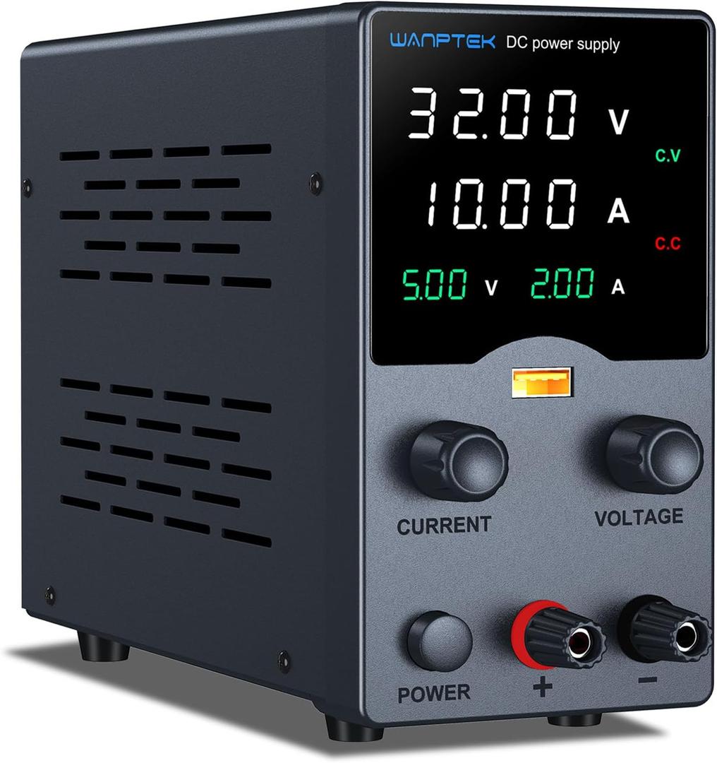Wanptek DC Power Supply Variable 30V 10A, Bench Power Supply with Encoder Adjustments Knob, USB Fast Charge Port with Output Current Display, 4-Digit LED Display