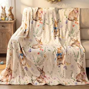Easter Bunny Throw Blanket: Ultra Soft Flannel Plush Sketchy Spring Floral Bunny Bed Blanket, Lightweight Cozy Easter Blanket for Couch Sofa Bed Living Room Home Decor Gifts, 50"x60"