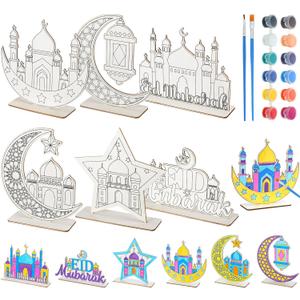 Colingmill 24 Sets Eid Mubarak Crafts Color Your Own Wooden Ramadan Table Decorations DIY Moon Star Lamp Wood Tabletop Decor Ramadan Wood Plaque Crafts for Eid Mubarak Party Supplies