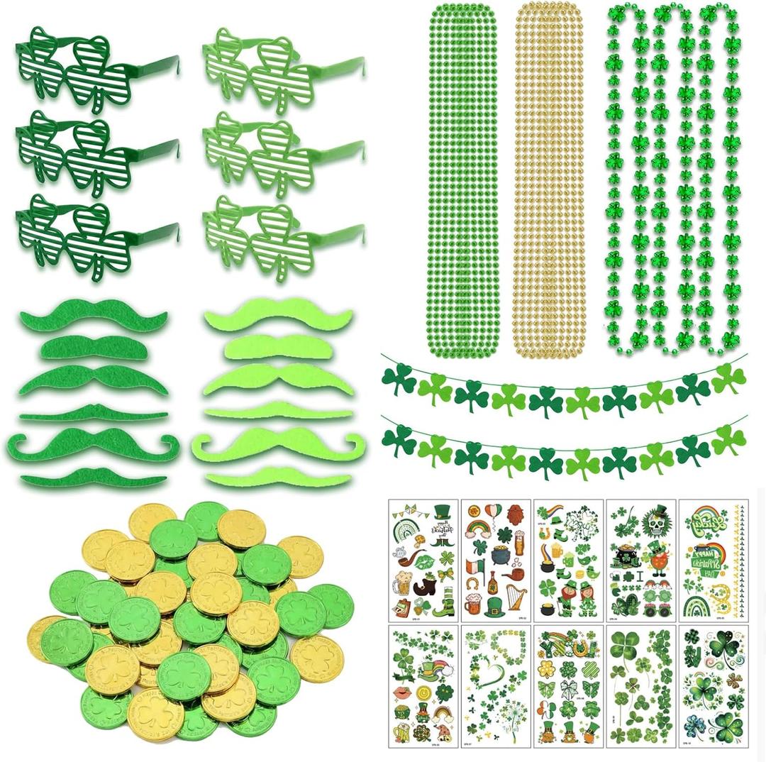 94-Piece St Patricks Day Accessories, St Patricks Day Party Favors Include Felt Shamrock Banner, Shamrock Glasses, Mustaches, Tattoo Stickers, Necklaces, Coins for Irish Party Supplies