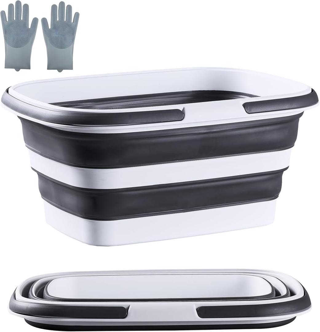 2.1 Gal(8 L) Small Collapsible Mop Bucket with Handle  Durable Plastic Square Silicone Cleaning Bucket for Mopping, Car & Window Washing  Space-Saving Storage Organizer  Pair of Silicone Gloves