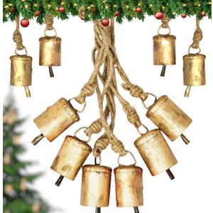 Set of 6 Bell Ornaments for Christmas Tree Rustic Decorations Vintage Bells Outdoor Chirstmas Gold Bells - Rustic Metal Handmade Lucky Cowbells Tin Metal Tree Decoration with Rope