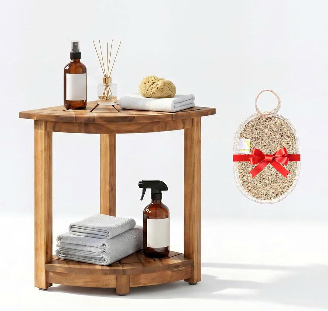 VICTORY RELAX Acacia Wood Corner Shower Shelf for Inside Shower Waterproof Shower Bench & Foot Rest for Shaving Legs, Small Bathroom Spa Seat, Natural Color (17.9")