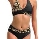 TASHEHE Women's Bikini Set High Waisted Twist Swimsuit Colorblock Halter Two Piece Bathing Suit (Large, 432 / Leopard / Black)