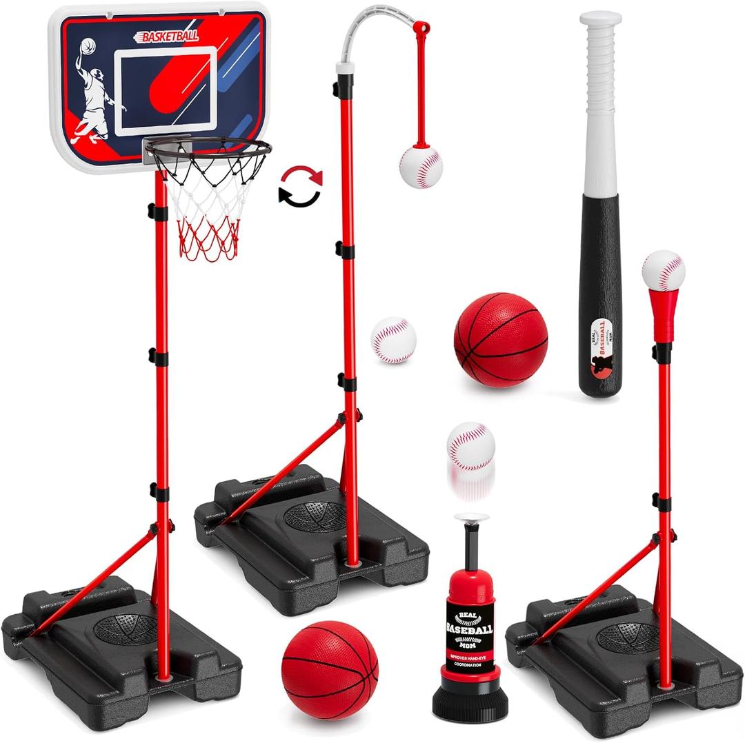 HYES 4 in 1 Kids Basketball Hoop and Tball Set for Toddlers 3-5, Adjustable Hanging Tee Ball Stand with Automatic Baseball Pitching Machine, Indoor Outdoor Sport Toys Birthday for Boys (without scoreboard & LED)