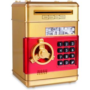 GuDoQi Piggy Bank for Boys Electronic Coin Money Bank Toy for 3 4 5 6 7 8 9 10 Year Old Children, Mini ATM Cash Coin Saving Box for Birthday Gifts Kids Age 3-10, Gold