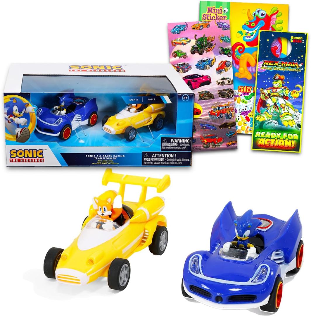 Sonic The Hedgehog Action Figure Set - Bundle of 5" Sonic and Tails All Stars Racing Pull Back Vehicles Plus Stickers, More | Party Supplies for Kids