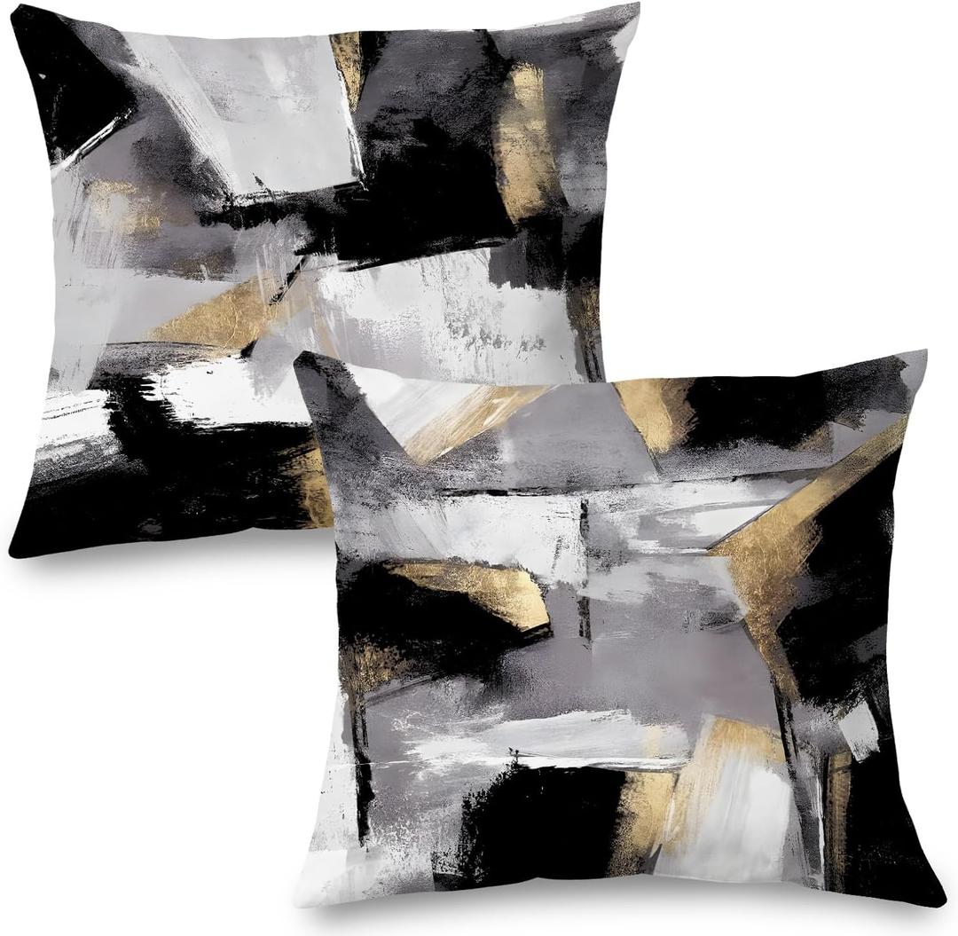 Black and White Pillow Covers, Abstract White Black and Gold Pillow Covers 16x16 Set of 2, Modern Black and White Pillow Covers for Couch Bed Living Room