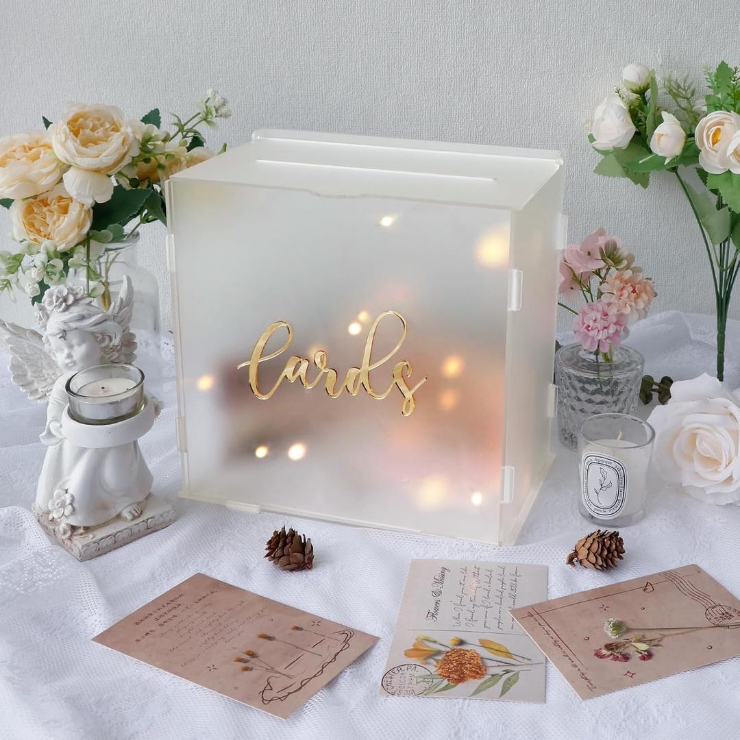 OurWarm Frosted Acrylic Wedding Card Box with String Light, Large Gift Card Box for Wedding Reception, DIY Wedding Envelope Money Memory Box for Party Graduation Birthday Baby Shower Decorations
