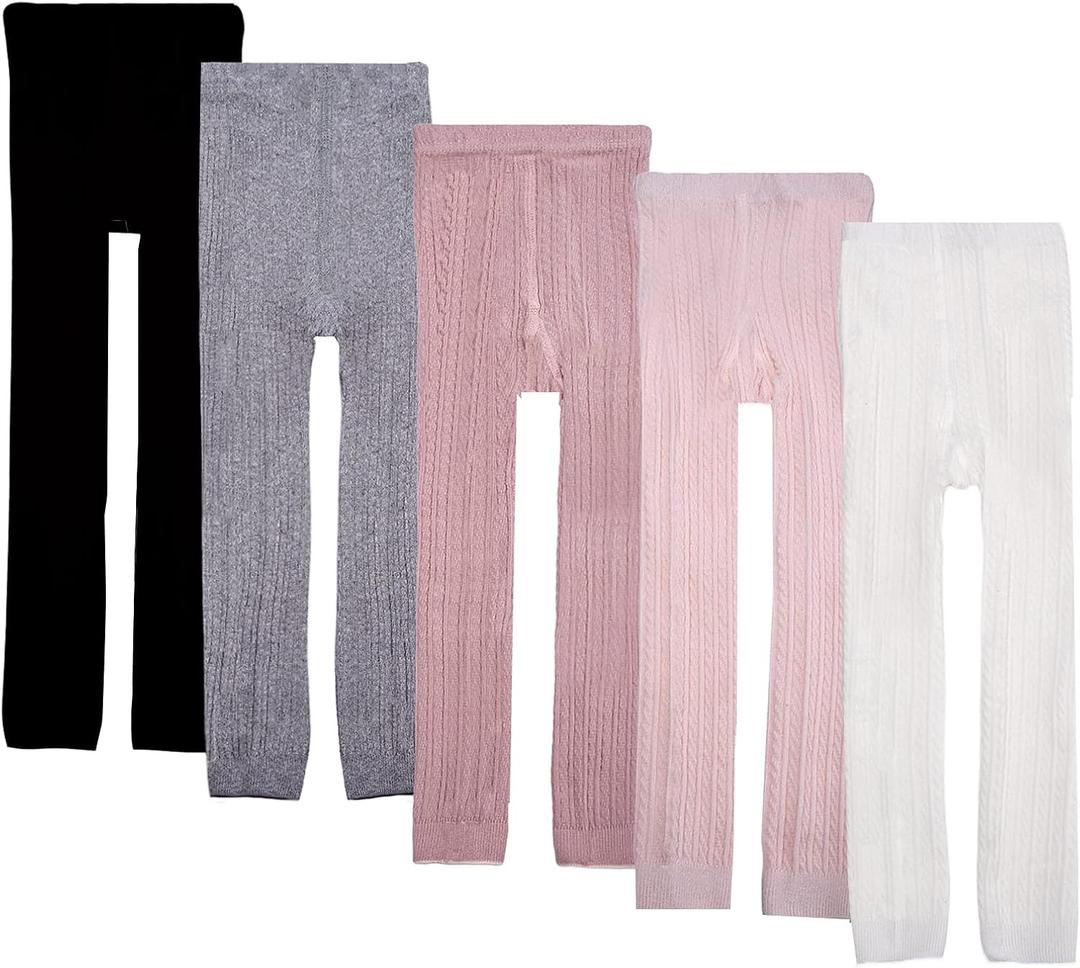 5 Pack Toddler Girls Cotton Cable Knit Leggings Classic Solid Footless Tights Ankle Length Pants for Kids, 4-6