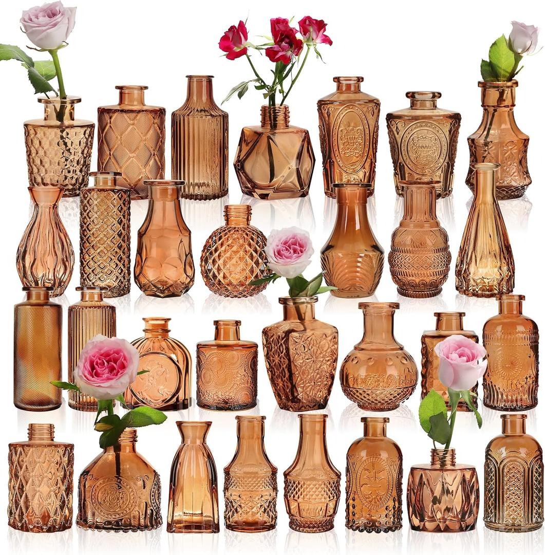 BIGIVACA Set of 30 Amber Glass Bud Vases in Bulk,Small Centerpieces Vases for Wedding Centerpieces,Mini Glass Vintage Vase Flower Vases for Table Decor