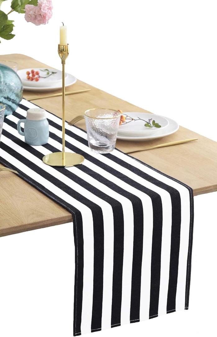 BOXAN Classic Black and White Striped Table Runner, Modern Stripes Pattern Elegant Cotton Canvas Table Top Decor for Art Deco Wedding, Bridal Shower, Bachelorette Party Decorations, 12" x 108"