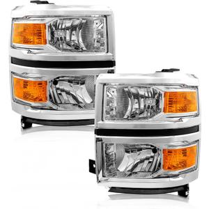 for 2014 2015 Chevy Silverado 1500 Headlight Assembly Halogen Factory OE Style Chrome Housing with Amber Reflector Left and Right Pair