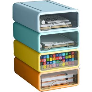 Desk Organizer with Drawers, Stackable Storage Drawers with Compartments Desktop Organization for Office Supplies, Makeup, Pencils, Tape, Erasers, Paperclips, Chargers (4 Pack) (Orange+Green+Yellow+Grey)