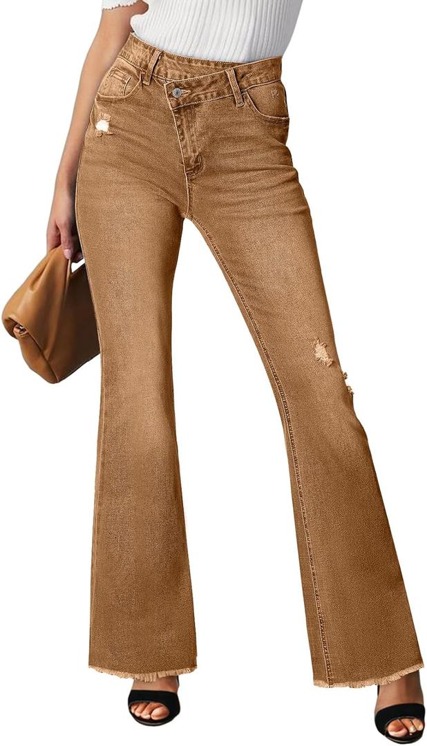 Sidefeel Women's Bell Bottom Flare Jeans High Waisted Stretchy Ripped Distressed Raw Hem Denim Pants with Pockets