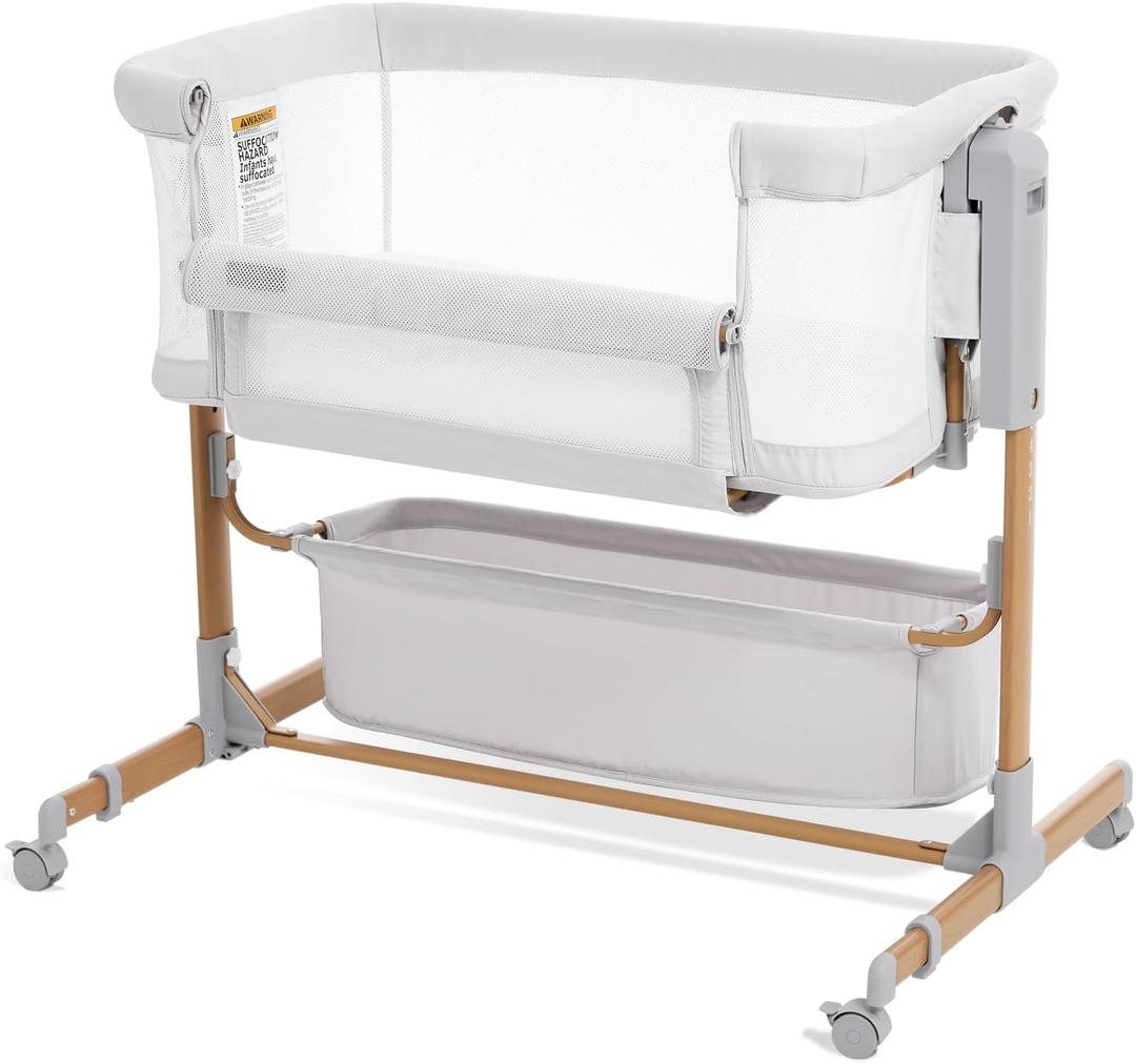 Baby Bassinet Bedside Sleeper, 3-in-1 Rocking Bassinet for Baby with 6-Level Height Adjustable, 4 Wheels & Breathable Mesh Walls, Portable Bedside Bassinet with Mattress for Newborn (White)