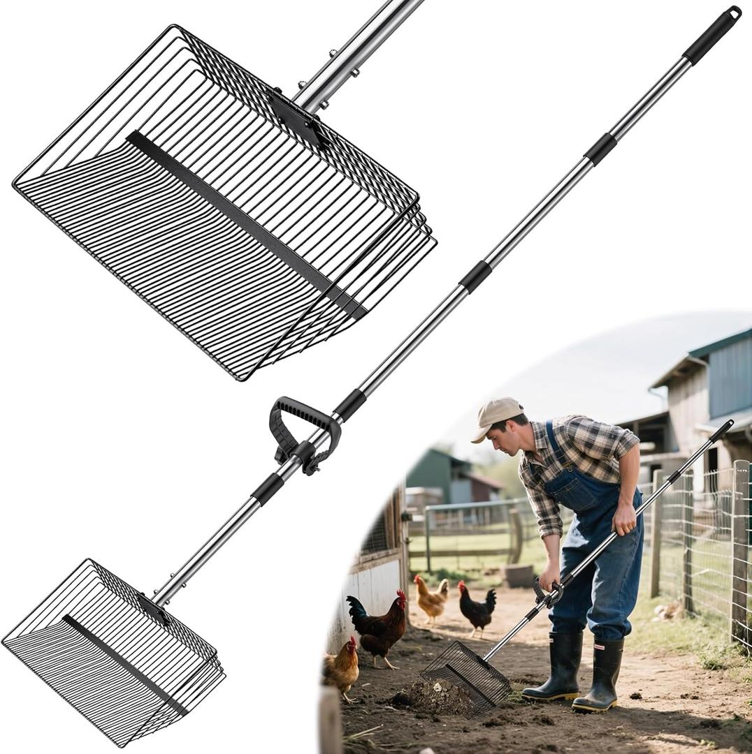 15 inch Extra Large Chicken Poop Scooper with Ergonomic Grip,5-in-1 Heavy Duty Adjustable Coop Scoop for Poop (24 to 68"), Stainless Steel Sifting Litter Shovel Scoop for Chicken Coop