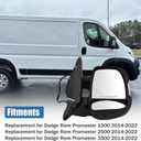 Right Passenger Side Mirror Compatible with Dodge Ram Promaster 1500 2500 3500 2014-2024 Power Adjusted Glass Heated Turn Signal Light Textured Black CH1321417 CH13214176, 8 PINS