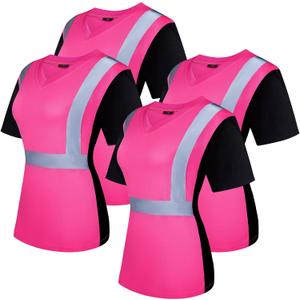 4 Pcs Women High Visibility Safety Shirts Hi Vis T-Shirt Safety Workwear Work Construction Short Sleeve (Large, Pink)