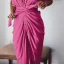 Women Elegant Satin Button Down Short Sleeve Maxi Shirt Dress with Belt (Pink, XL)