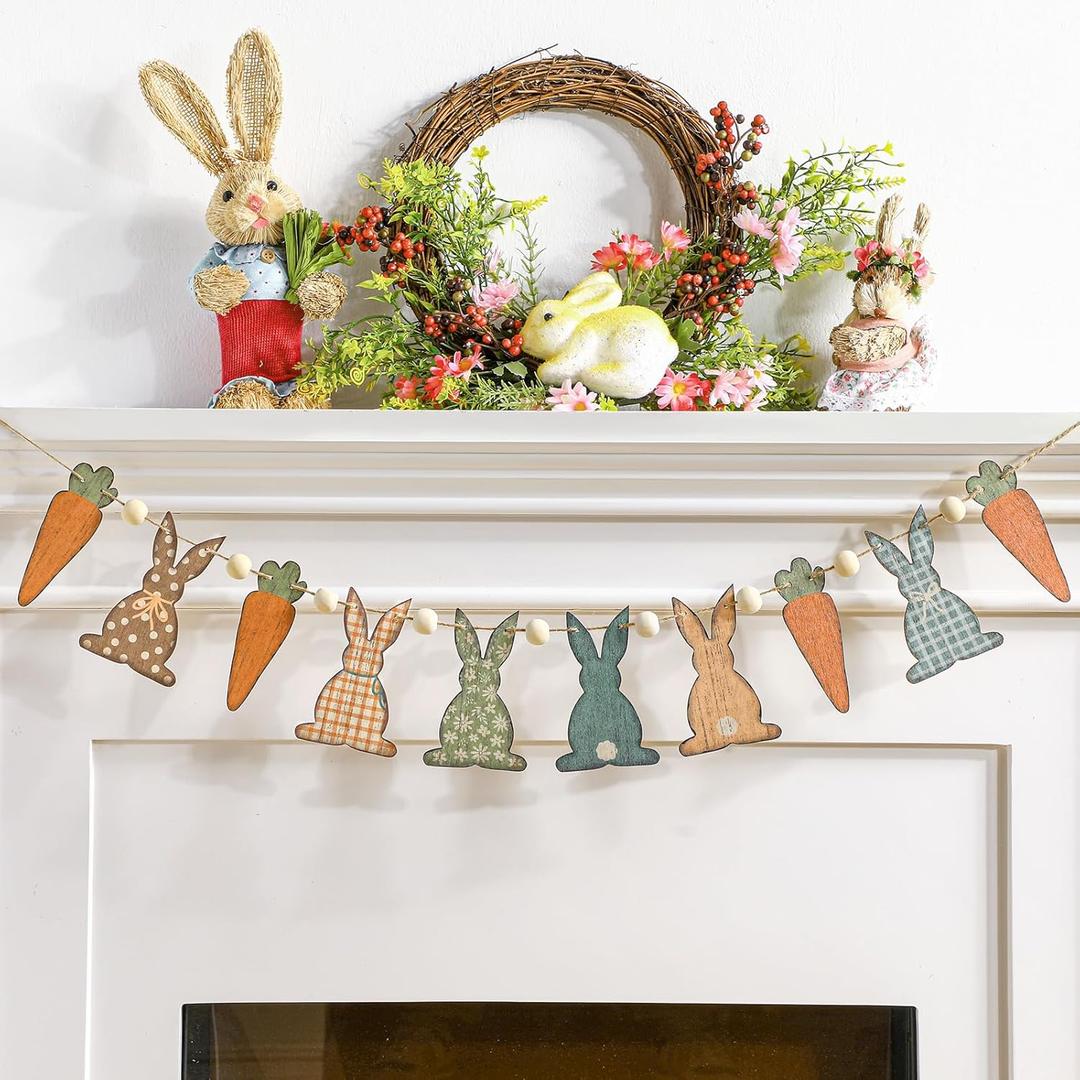Cinnvoice 8.2 ft Vintage Patriotic Heart Garland Retro 4th of July Decoration Red White Blue Wooden Banner for Mantel Fireplace Independence Day 250th Memorial Day(Rabbit,Multicolor)