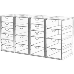 Acrylic Makeup Organizer with 19 Drawers, 4 Pack Clear Storage Drawers, Bathroom Makeup Organizer for Palettes, Cosmetic, and Beauty Supplies, Ideal for Vanity, Cabinet, Desk Organization