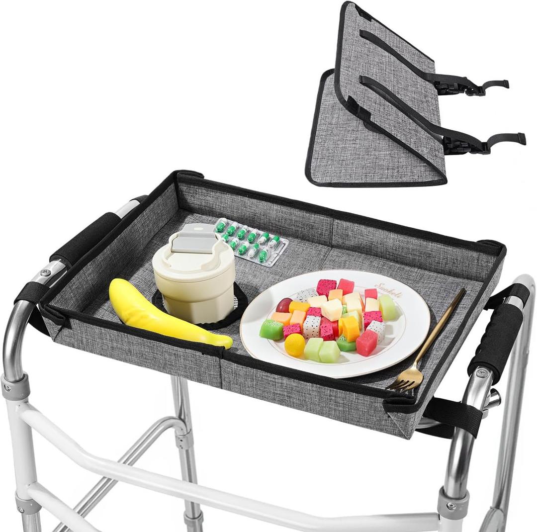 Rhino Valley Foldable Tray for Walker with Cup Holder, Walker Tray for Folding Walker, Walker Accessories for Elderly Rolling Walker Tray, Non-Slip Mobility Trays for Walkers for Seniors (Dark Gray)