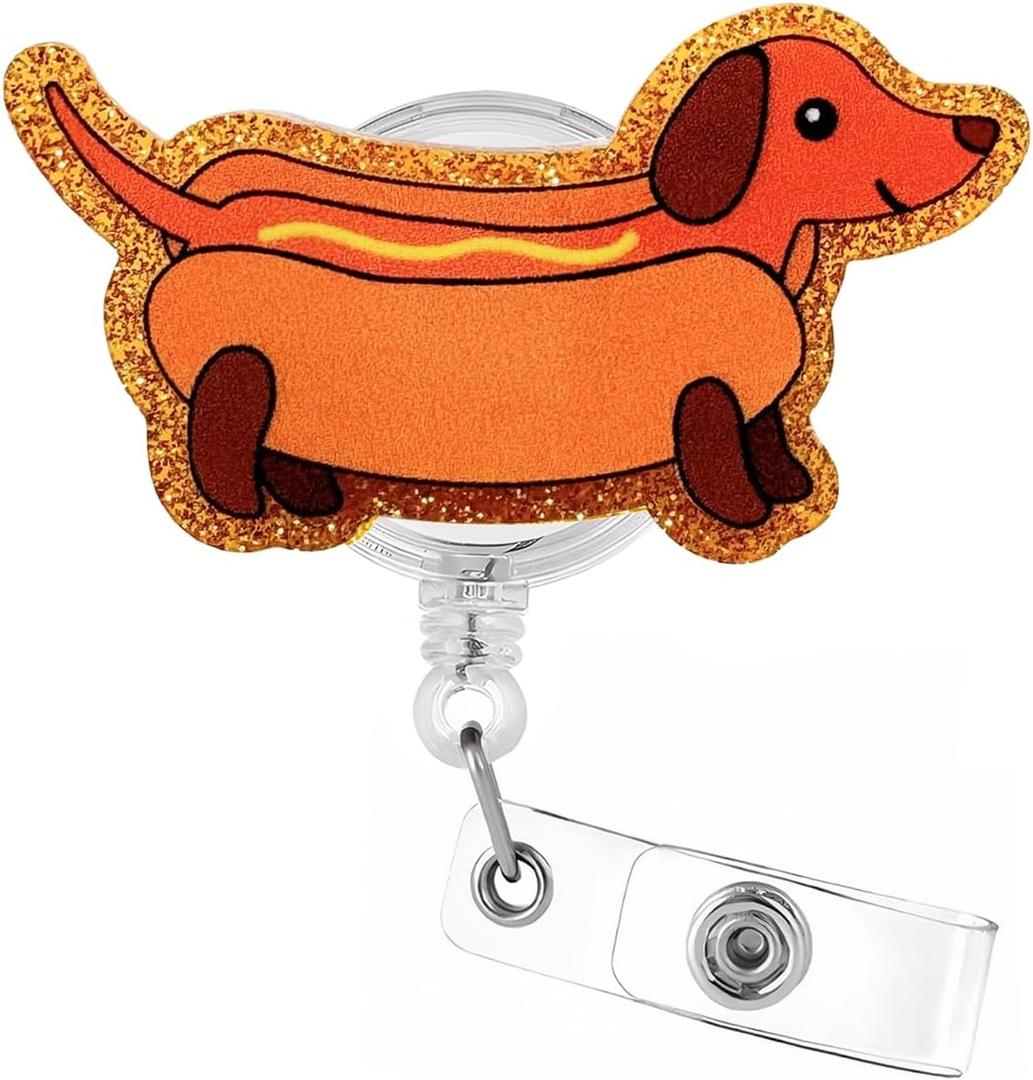 Celokiy Cute Dachshund Badge Reel  Orange Dog Design with Gold Glitter, Retractable ID Holder with Metal Clip for Nurses, Teachers, and Office Staff
