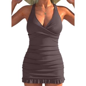 Aleumdr Women Retro Tankini Swimdress Tummy Control Bathing Suits Two Piece Tankini Tops with Bikini Bottoms Twist Swimwear (XX-Large, Dark Brown)