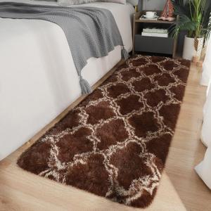 LOCHAS Luxury Shag Area Rug 2x6 Feet Geometric Plush Fluffy Rugs, Extra Soft Carpet Moroccan Rugs for Bedroom Living Room Dorm Kids, High Pile Shaggy Floor Rug Decor, Brown/Beige