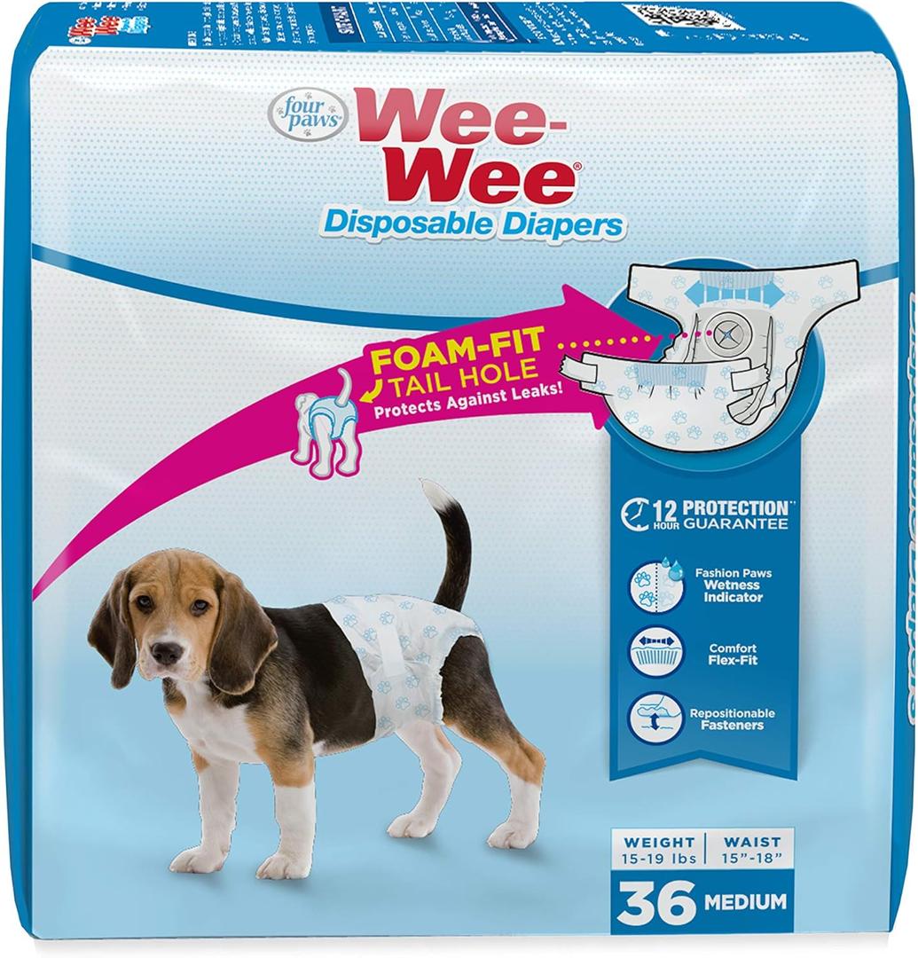 Four Paws Wee-Wee Super Absorbent Disposable Adjustable Dog Potty Training Diapers, Leak-Proof Protection for Puppies and Medium Dogs, Extra Small, 36 Count (Medium (36 Count))