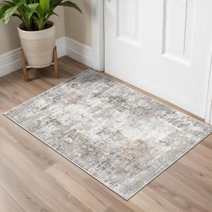 2x3 Washable Non-Slip Area Rug - Soft Low Pile Throw Rug for Kitchen Entryway Bedroom - Modern Indoor Door Mat with Rubber Backing (Beige Grey)
