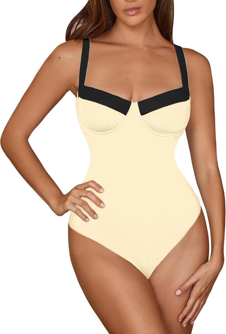 Jolefille One Piece Swimsuit Women Tummy Control Push Up Underwire Swimwear Cheeky Bathing Suit Color Block Monokini L