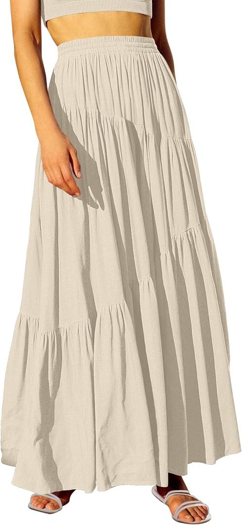 ANRABESS Womens Boho Elastic High Waist Pleated A-Line Flowy Swing Asymmetric Tiered Maxi Long Skirt Dress with Pockets (Medium)