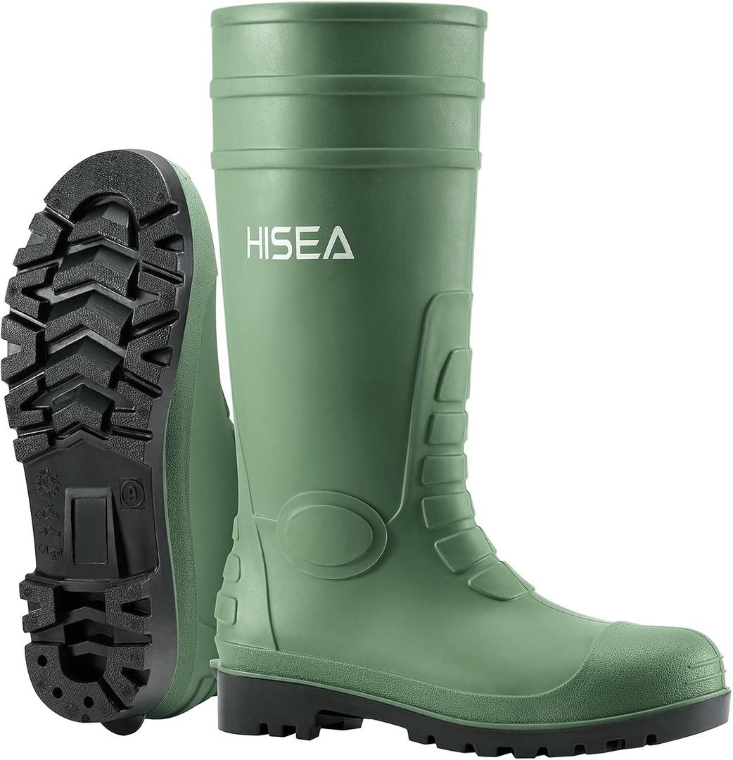 HISEA Men's Steel Toe Rain Boots PVC Rubber Boots, Waterproof Garden Fishing Outdoor Work Boots, Durable Slip Resistant Knee Boots for Agriculture and Industrial Working (7, Green)