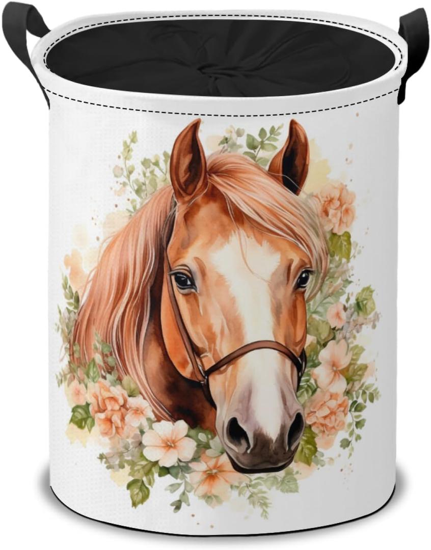 Watercolor Horse with Flowers Laundry Hamper Basket,Horse Art Collapsible Portable Laundry Bag, Storage Bins Toys Storage Gifts Basket, Bedroom Home Nursery Decor for Baby Girl Women