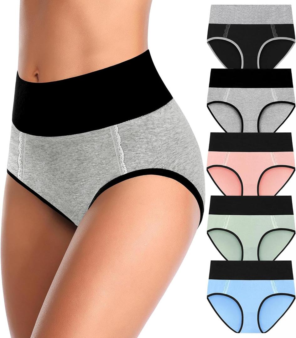 MISSWHO Cotton High Waisted Womens Underwear Soft Stretch Breathable Full Coverage Ladies Panties(Regular & Plus Size) (X-Large, 5 Pack=multicolor-b)