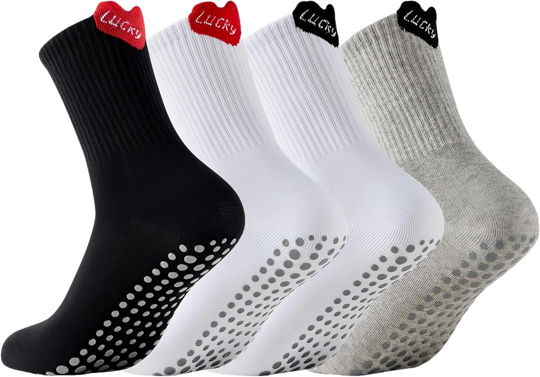 Women's Non-Slip Pilates Socks with Heart Design - 4 Pairs Crew Socks for Yoga, Barre & Workout - Cushioned Cotton with Grippy Rubber Dots - Cute & Functional
