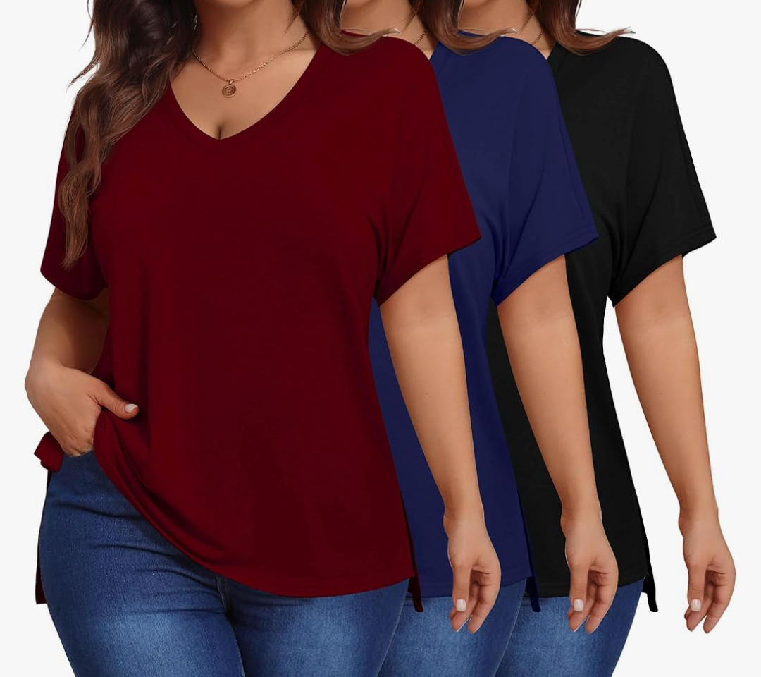 Ficerd 3 Pack Plus Size V Neck T-Shirts for Women, Short Sleeve Split Side High Low Hem Tunics Tops Basic Summer Tee Blouses 3XL