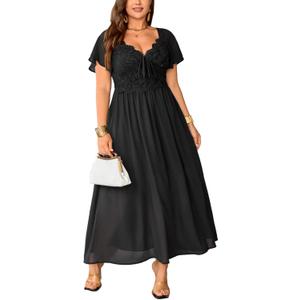 EYWOL Women's Plus Size Formal Dress Lace Chiffon Maxi Dress,Open Back Cocktail Dress for Wedding Guest,Party,Gala Events (Black, M)