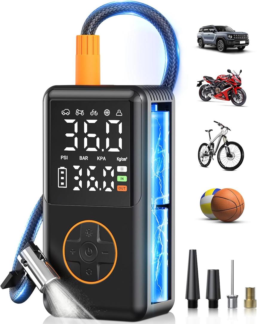 Tire Inflator Portable Air Compressor with Upgrade Dual Screen, 150 PSI Cordless Air Pump for Car, Bicycle, Motorcycle Tires & Balls, Electric Bike Tire Pump with Pressure Gauge, LED Light